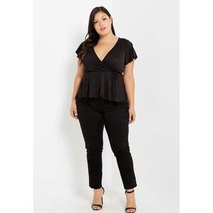 Black Short Sleeve Surplice Top